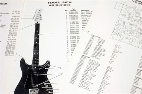 Fender amps are renowned for their headroom & clarity. Fender Mustang (11-4900), no date, Parts List, Photo, close-ups of bridge and controls