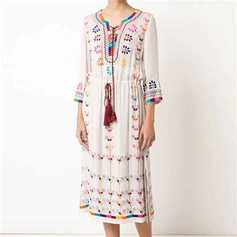 Boho Inspired Embroidered White Midi Bohemian Style Dress Women V Neck