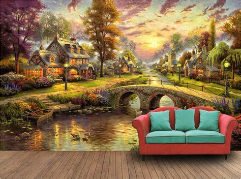 Custom Photo 3d Wallpaper Non Woven Mural Hand Painted Village Forest