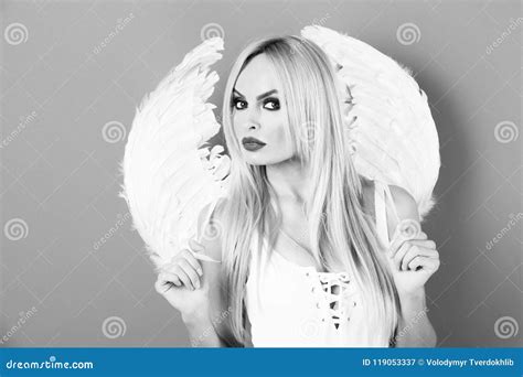 Angelic Beauty Beautiful Blonde Woman With Angel Wings Stock Image Image Of Portrait Cupid