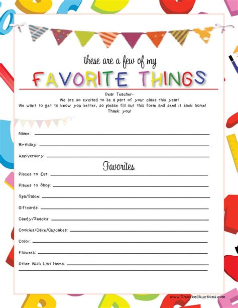 My Favorite Things Sheet For Teachers Sixteenth Streets