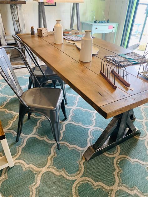 Industrial Farmhouse Table Set With Bench And Chairsraw Steel Pedestal