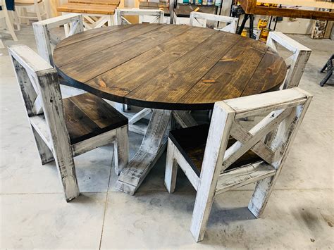 5ft Round Rustic Farmhouse Table With Chairs Single Pedestal Etsy In