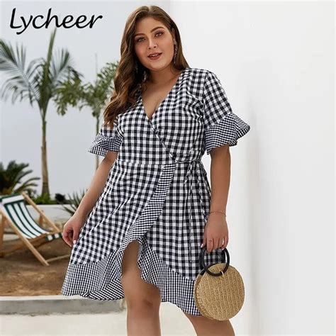 Lycheer Plus Size Vintage Plaid Women Big Size Short Dress Sashes
