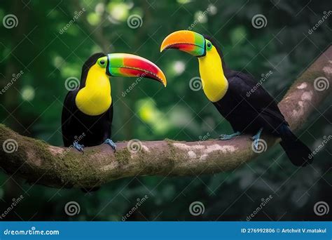 Two Keel Billed Toucans Sitting On A Branch In Costa Rican Forest Stock