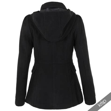 Womens Round Collar Hooded Double Breasted Wool Duffle Coat Jacket