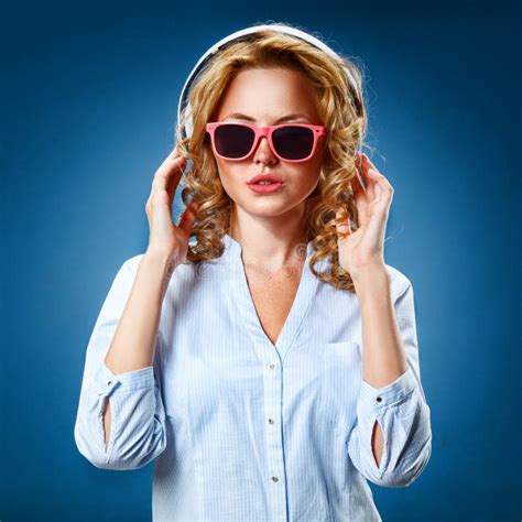 Woman Wearing Headphones And Sunglasses Stock Photo Image Of Joyful