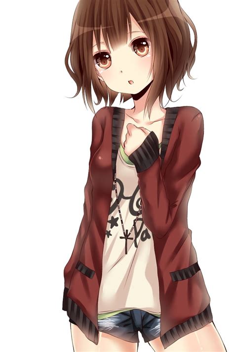 anime girl with brown hair short hair brown eyes music shirt red sweater shorts and a cross
