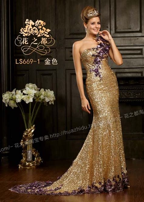 One Shoulder Purple Gold Sequins Dress Luxury Evening Dress Purple
