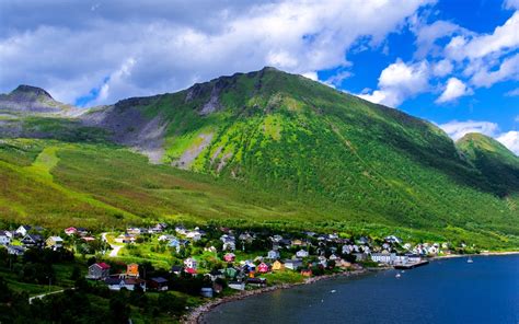 Wallpaper Norway Mountains Sky Clouds Village House