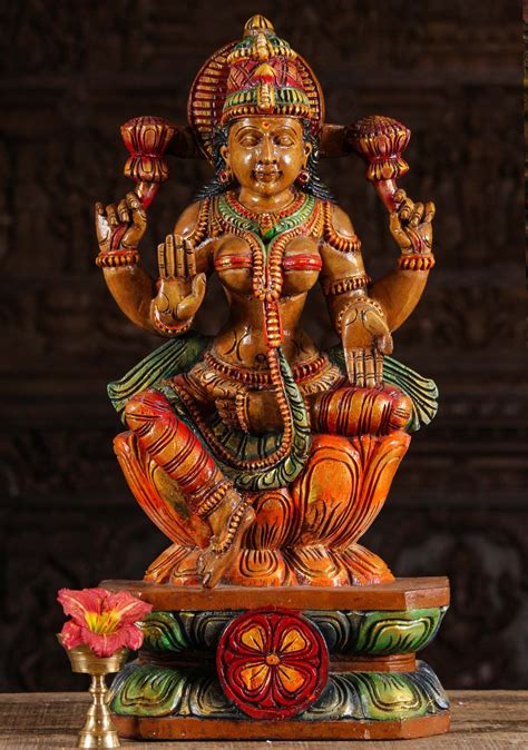 Wooden Lakshmi Sculpture In Abhaya And Varada Mudras Holding 2 Lotus