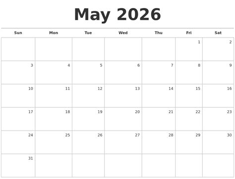May 2026 Blank Monthly Calendar