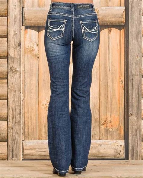 Rock And Roll Cowgirl Mid Rise Dark Wash Bootcut Jean With Khaki And Turquoise Embroidery Rock