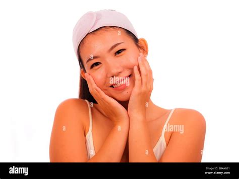 Isolated Portrait Young Beautiful And Happy Asian Chinese Woman Applying Skincare Wrinkle