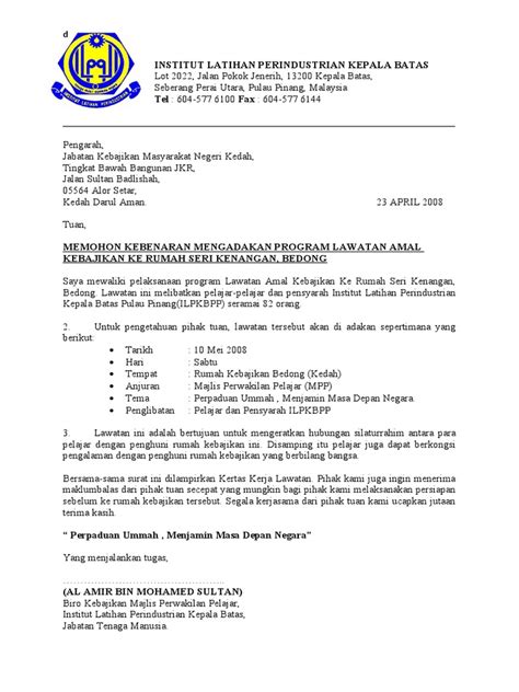 Contoh Surat Mohon Sumbangan Menteri Besar