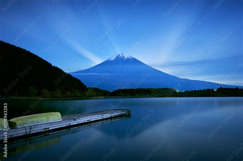 Night View Of Boat Pier And Mount Fuji From Lake Tanuki Shizuoka Stock