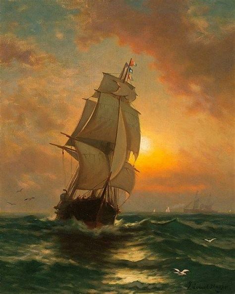 A Painting Of A Sailboat Sailing In The Ocean At Sunset With Birds