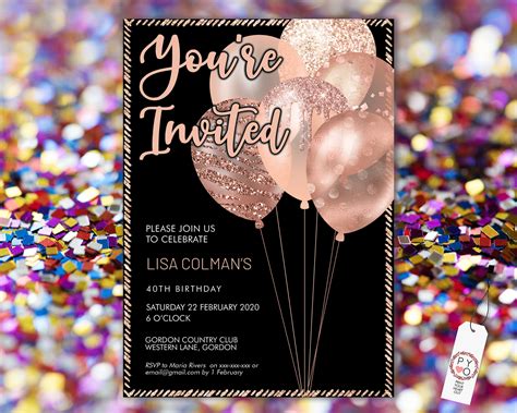 Rose Gold Birthday Balloons Invitation Printable Template Black Gold
