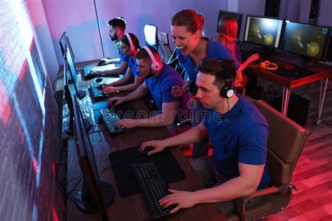 Young People Playing Video Games On Computers Esports Tournament Stock