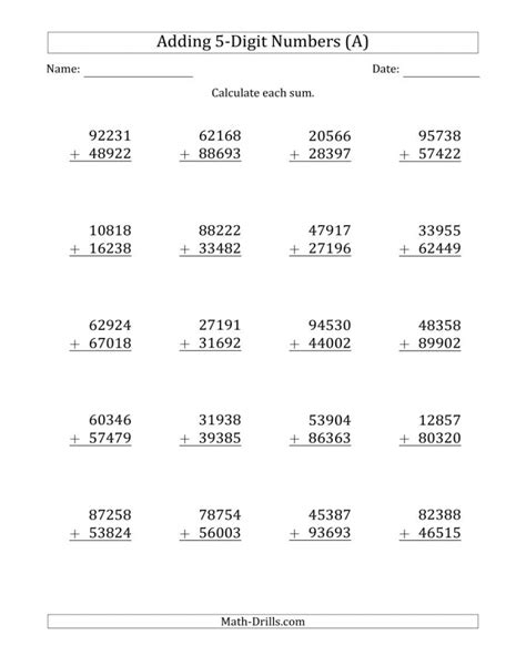 5 Digit Addition Worksheets Math Worksheets Printable