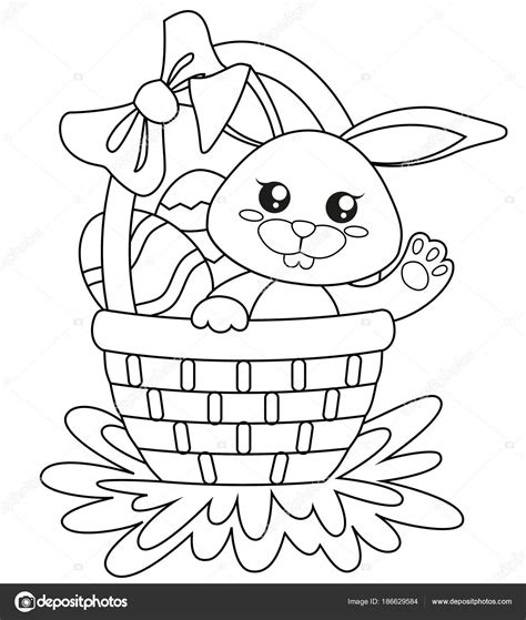 Happy Easter Cute Bunny Sitting Basket Eggs Black White Vector — Stock