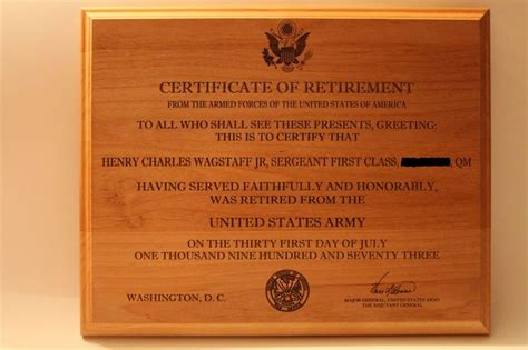 A Wooden Plaque With The Words Certificate Of Retirement On It