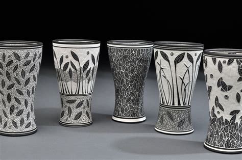 Lloyd Pottery Sgraffito Cups Black And White With Leaf Designs