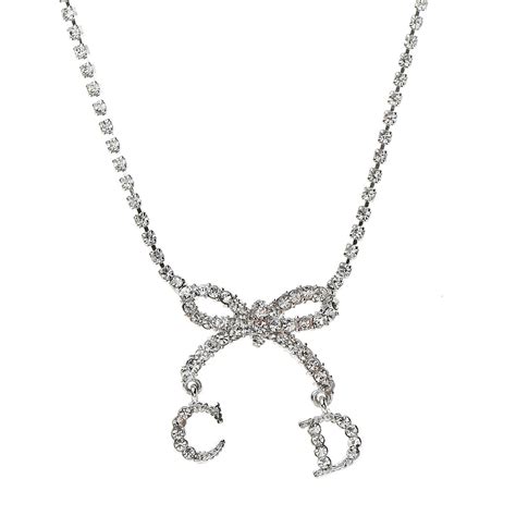 Christian Dior Crystal Bow Cd Necklace Silver 520095 Fashionphile