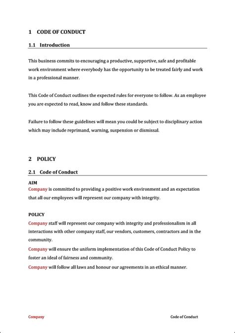 Code Of Conduct Template Word