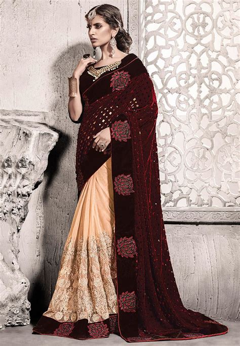 half n half embroidered velvet and net saree in brown sew2007 saree designs designer outfits