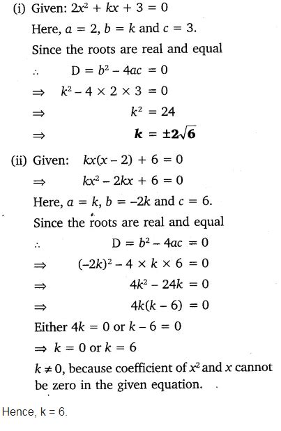 find the values of k for each of the following quadratic equations cbse class 10 maths learn