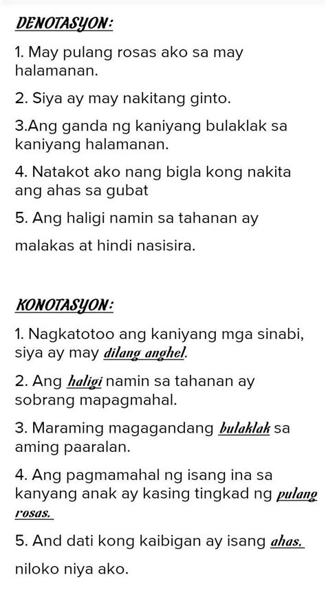 Bumuo Ng Tig Limang Pangungusap Na Nagsasaad Ng Denotasyon O Konotasyon