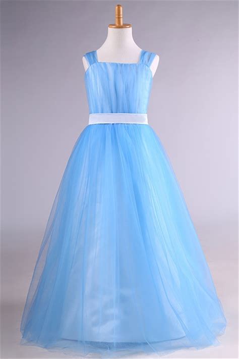 A Line Light Blue Tulle Flower Girl Dress With Sash Straps