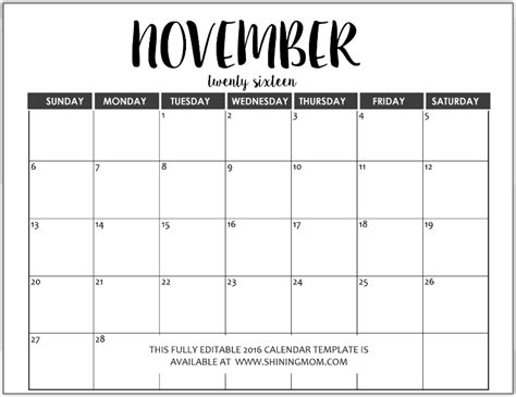 November 2016 Calendar Template Word