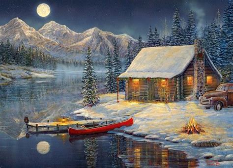 5 Winter Log Cabin Paintings Cabin Art Landscape