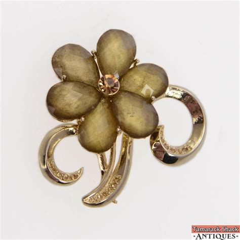 Vintage Liz Claiborne Green And Topaz Rhinestone Flower Gold Toned Brooch Pin Tamarack Shack