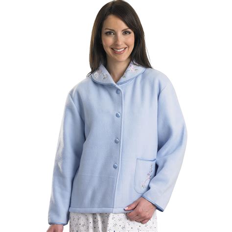 Slenderella Ladies Polar Fleece Button Up Bed Jacket Floral Satin Trim