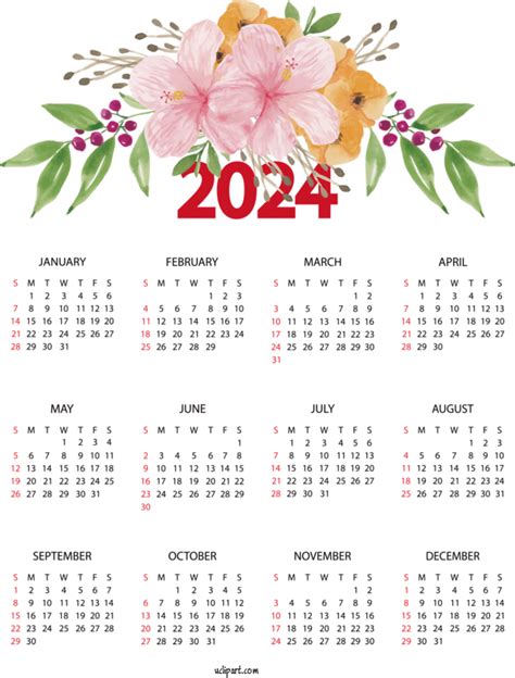 2024 Yearly Calendar Floral Design Watercolor Painting Flower Bouquet