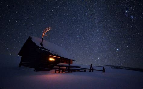 Winter Night House Snow Stars Sparks Frost Wallpaper 1920x1200