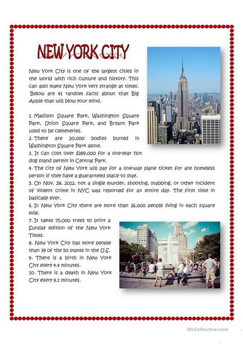 york city facts worksheet  esl printable worksheets