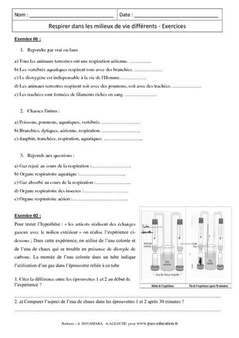 Cours, exercices, devoirs et contrôles corrigés. Respirer dans les milieux de vie différents - 5ème ...