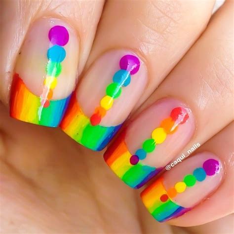 Rainbow French Tips With Rainbow Polka Dots Gay Pride Free Hand Nail