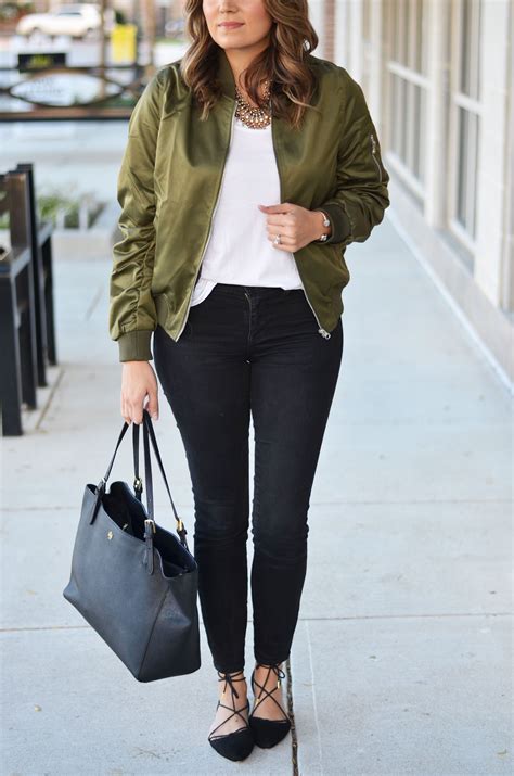 Satin Bomber Jacket Outfit Idea Green Bomber Jacket With White Tee