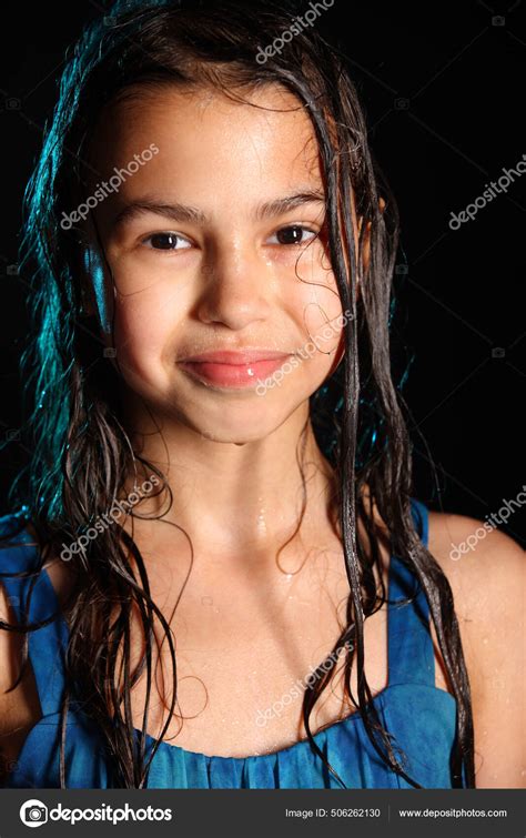 Close Portrait Bright Cute Cheerful Brunette Girl Wet Hair Black Stock Photo By Antonioclemens