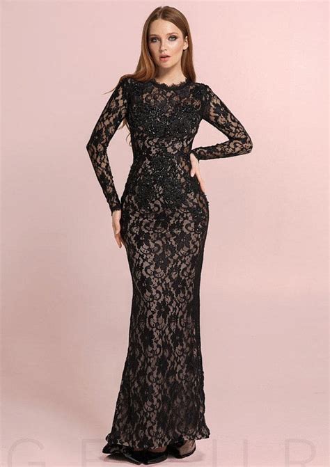 Black Long Evening Lace Dress Long Sleeves Dress For Women Dress With Embroidery Stones Beads Gu