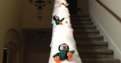 Christmas Stair Case Banister Decoration Penguins Sledding Down On