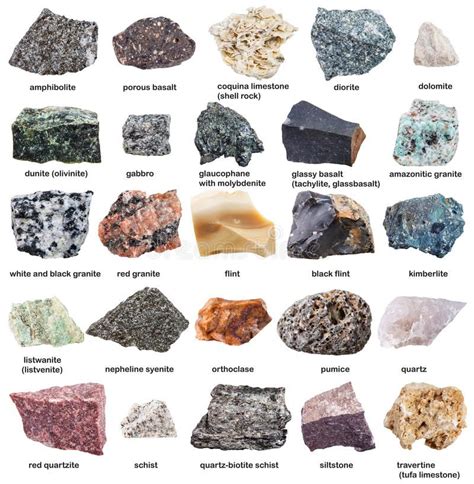 Various Raw Minerals With Names Isolated On White Stock Image Image