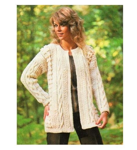 vintage knitting pattern womens aran jacket cabled cardigan pdf instant digital download edge to