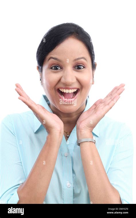 Excited Young Indian Business Woman Against White Background Stock