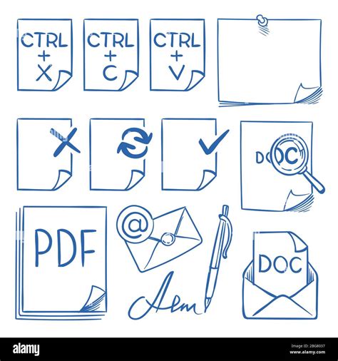 Doodle Office Paper Vector Icons With Function Symbols Update Paste